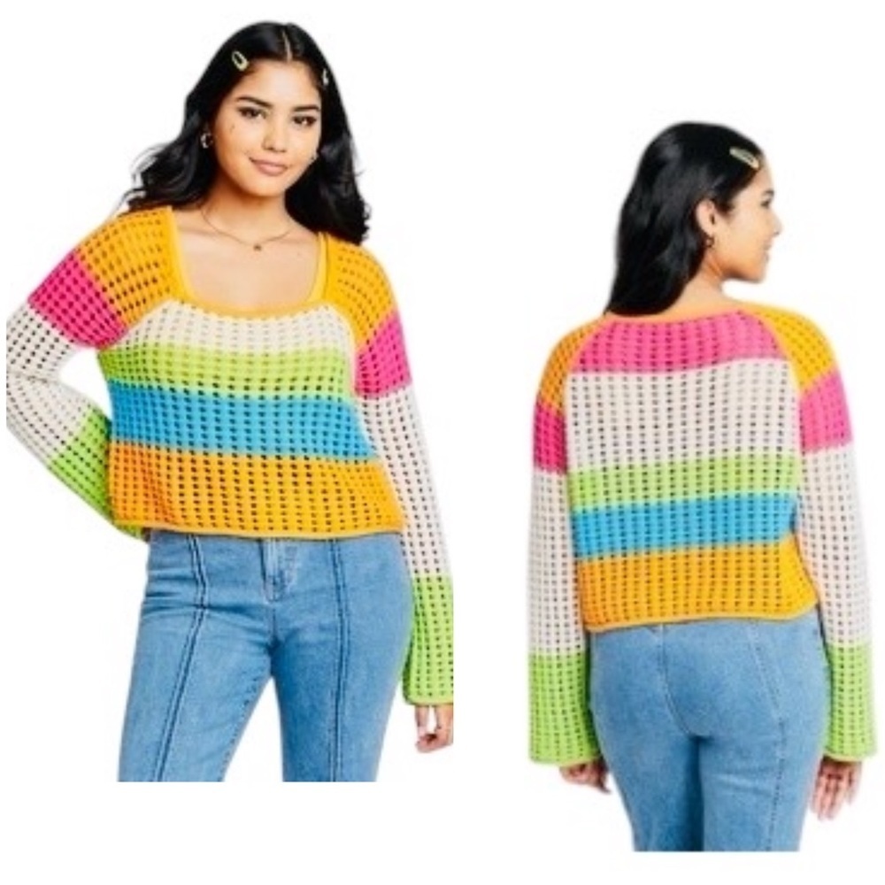 Colorful Striped Square Neck Pointelle Pullover Knit Sweater Size XL Wild Fable - Picture 2 of 11